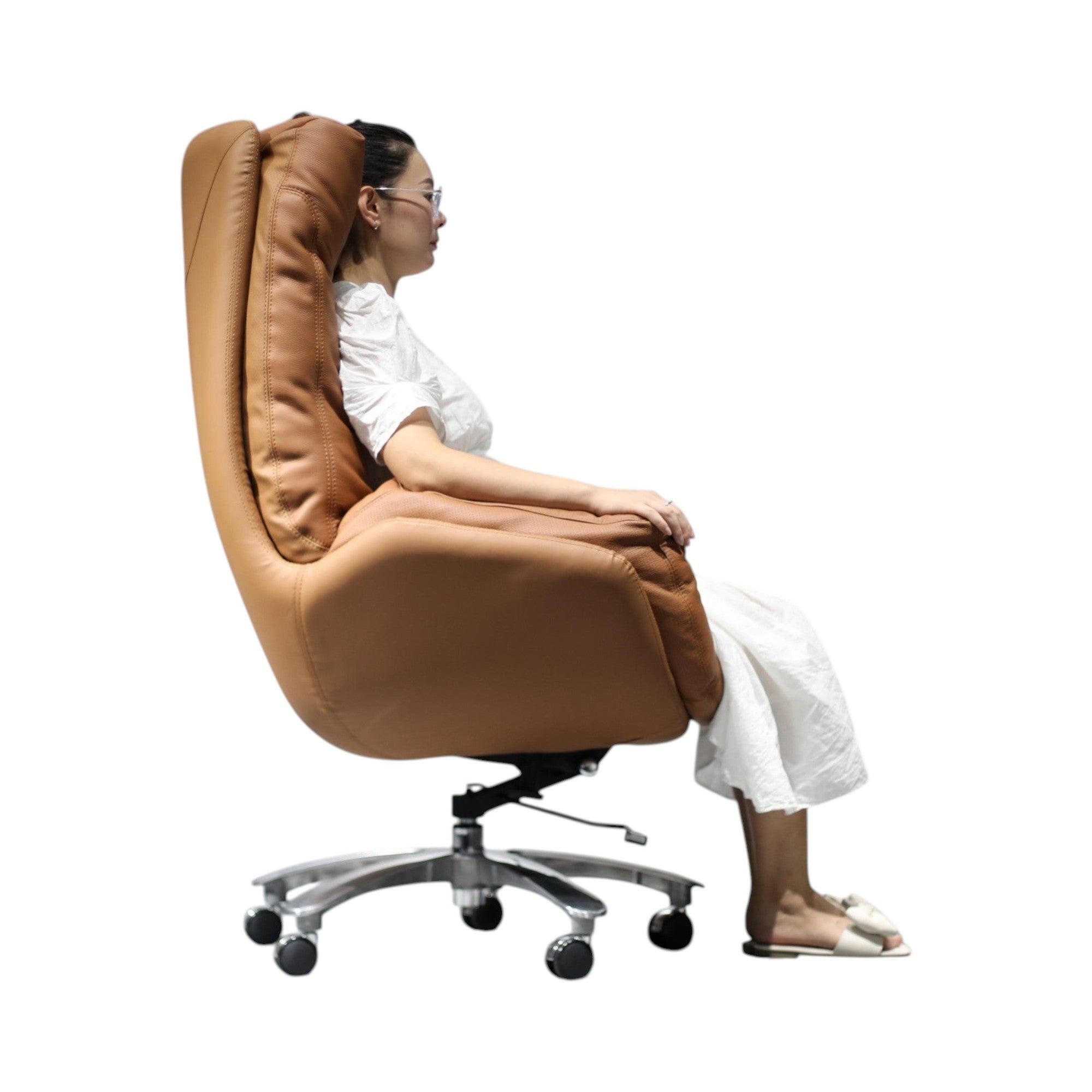 Xiaoyaozuo office chair executive high back tan leather office chair with plush cushioning and polished metal base.