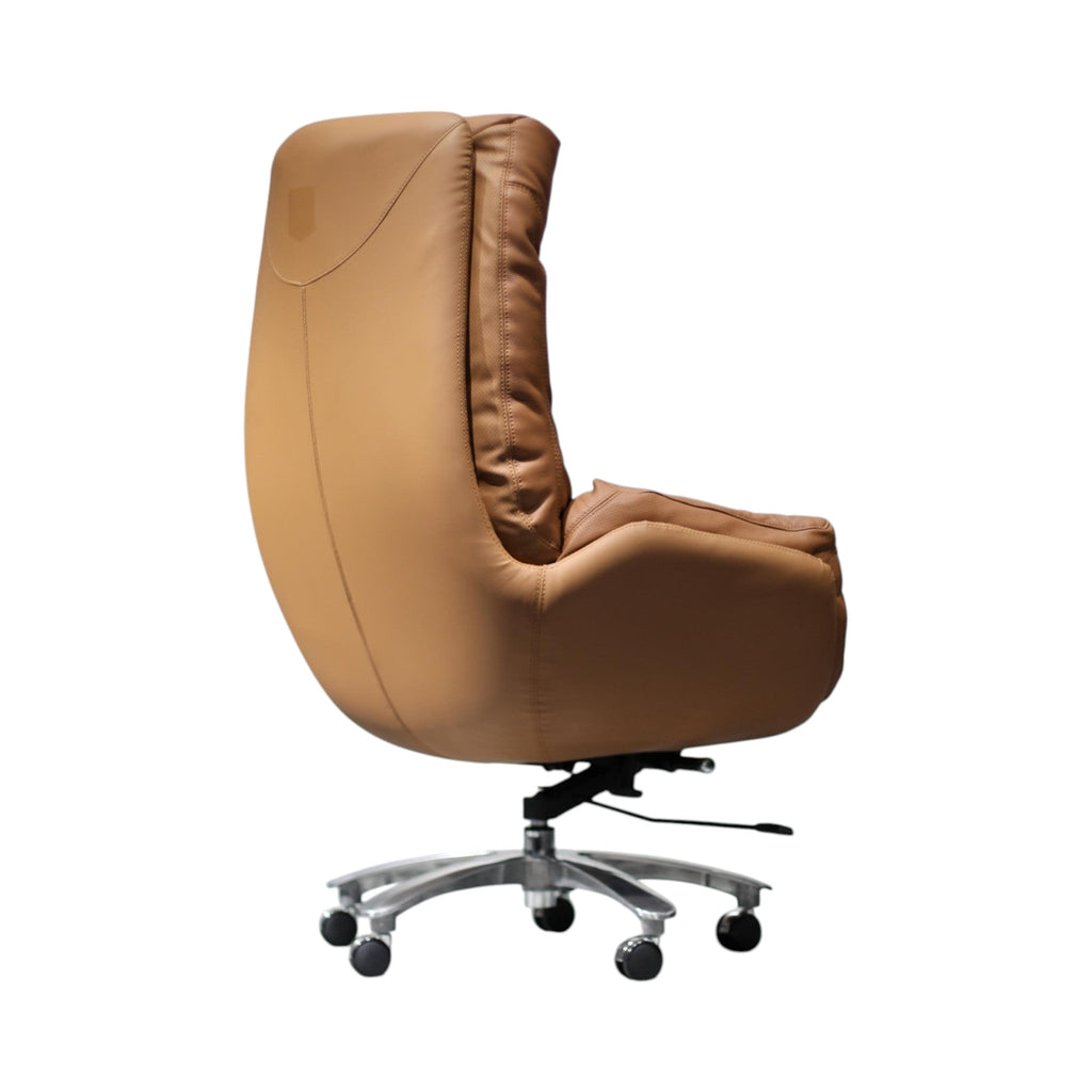 Xiaoyaozuo office chair: Tan leather executive high-back office chair with plush cushioning and polished metal base.