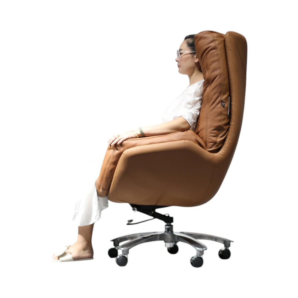 Xiaoyaozuo office chair executive high back tan leather chair with plush cushioning and polished metal base.