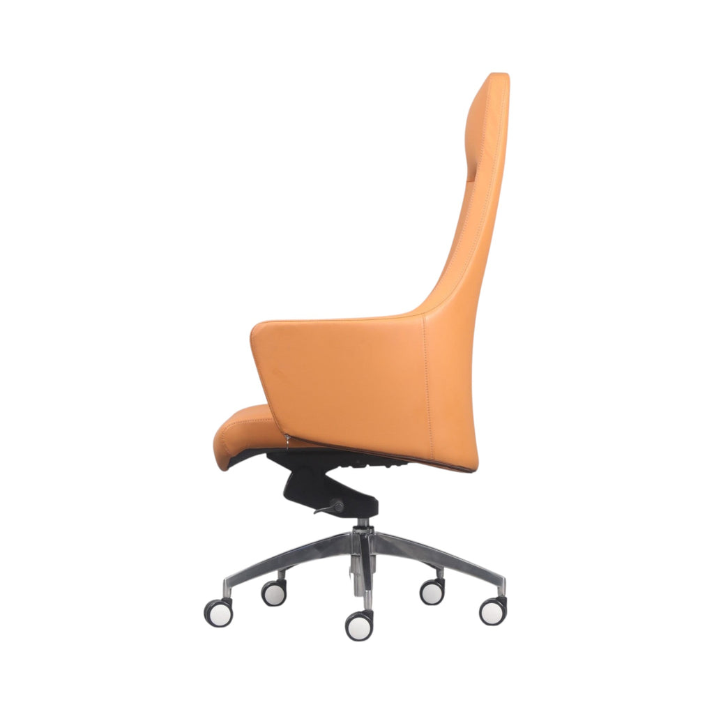 Xiaoyaozuo office chair executive high back chair in tan leather with headrest and chrome base.