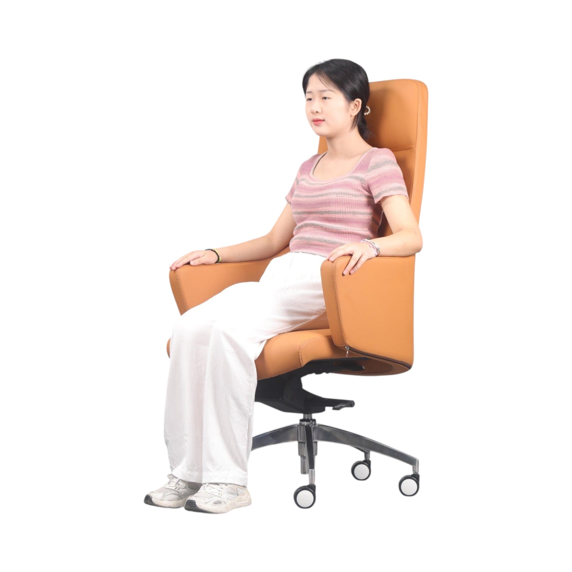 Xiaoyaozuo office chair executive high back chair in tan leather with headrest and chrome base with casters.