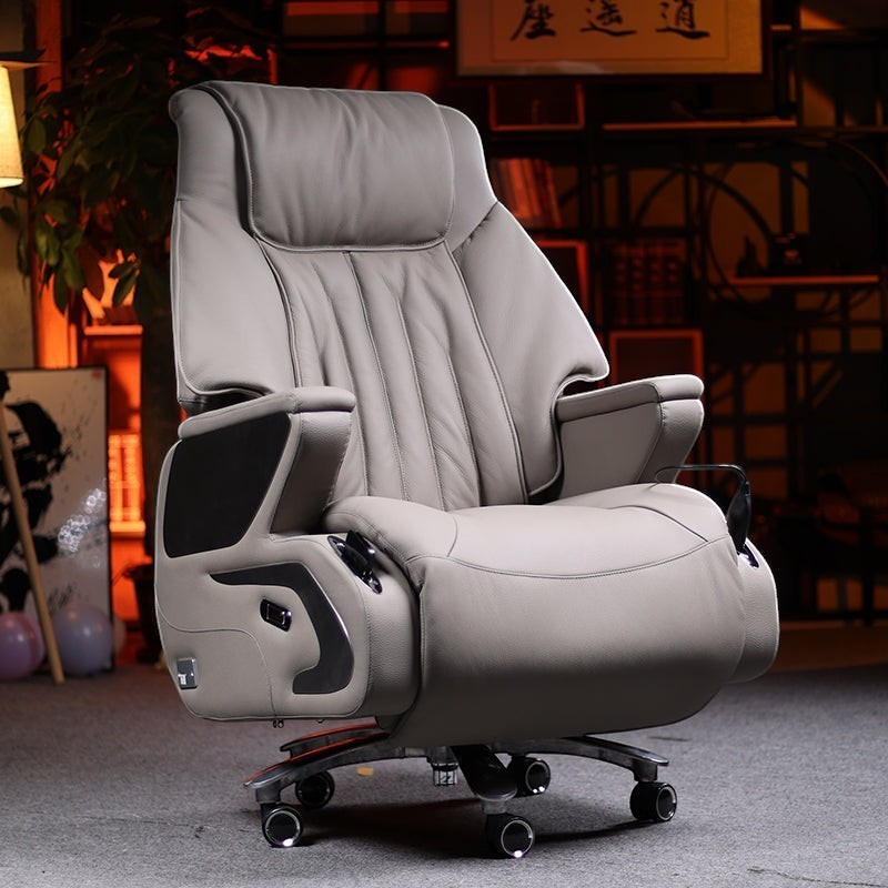 Xiaoyaozuo office chair TF06 smart electric massage executive chair in light grey top-grain leather with plush cushioning and integrated controls.