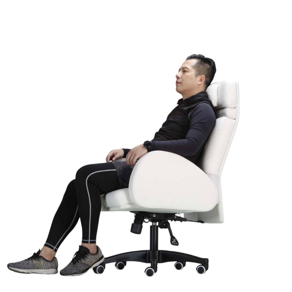 Xiaoyaozuo office chair: Man relaxing in a white and black ergonomic high back office chair with adjustable height and smooth-rolling base.