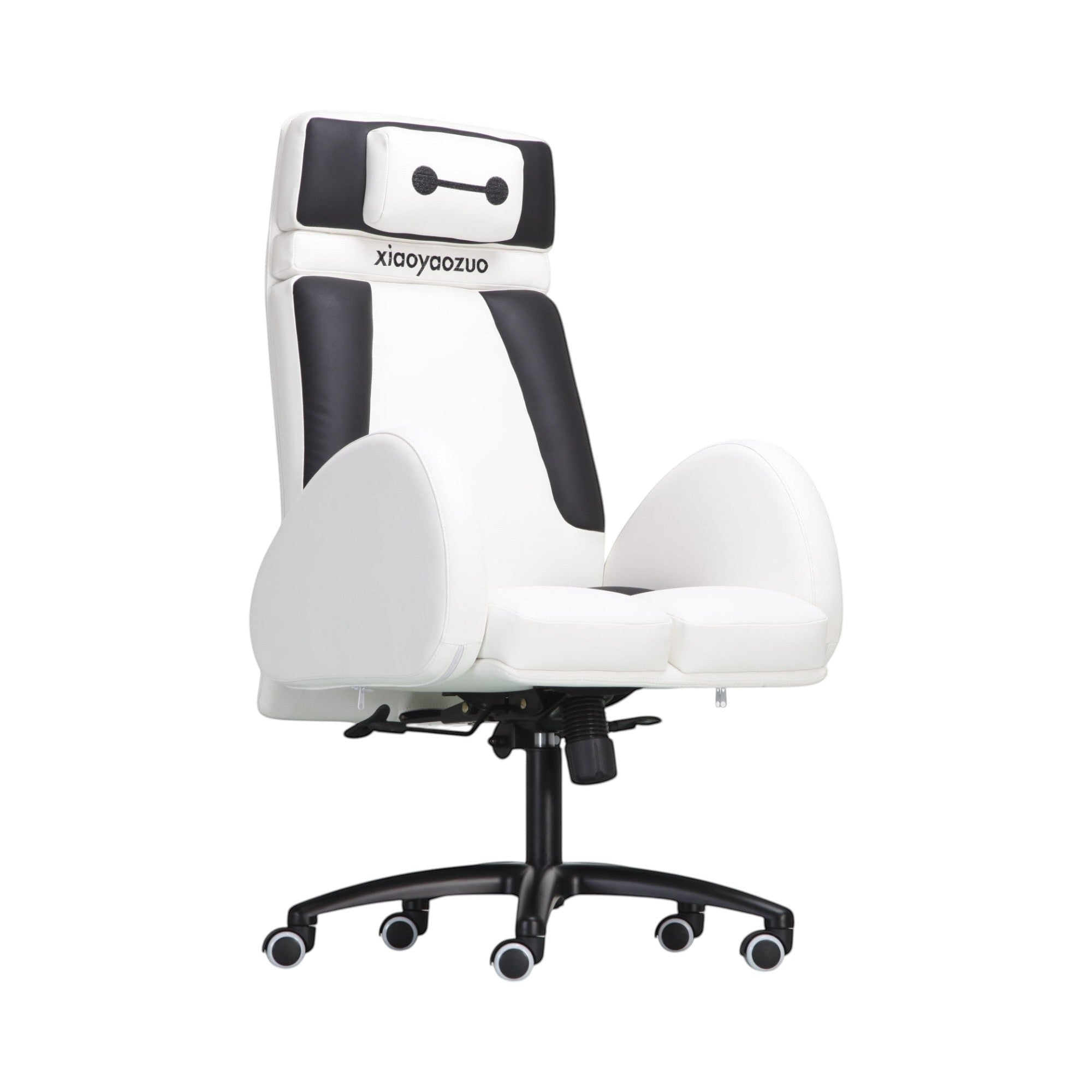 Xiaoyaozuo office chair: Ergonomic white and black gaming chair with plush cushioning and adjustable height. Features a distinctive Baymax-inspired headrest.