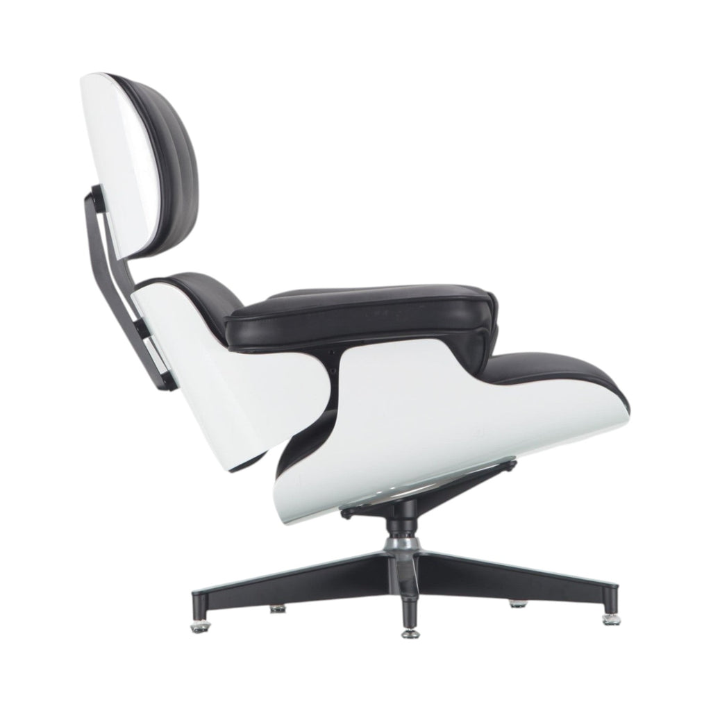 Xiaoyaozuo office chair: modern white molded shell lounge chair with black leather upholstery and swivel base.