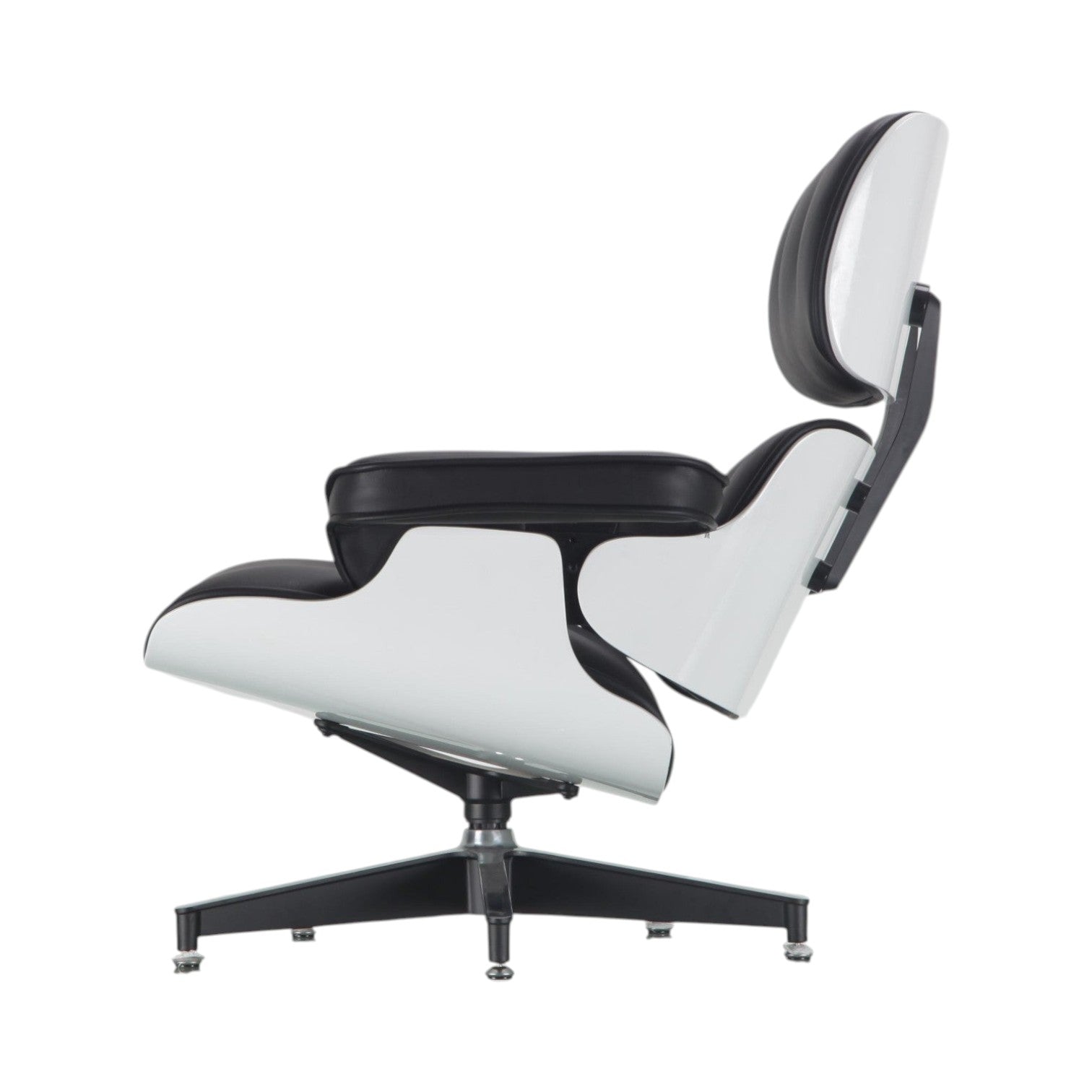 Xiaoyaozuo office chair: modern white molded shell lounge chair with black leather upholstery and swivel base.
