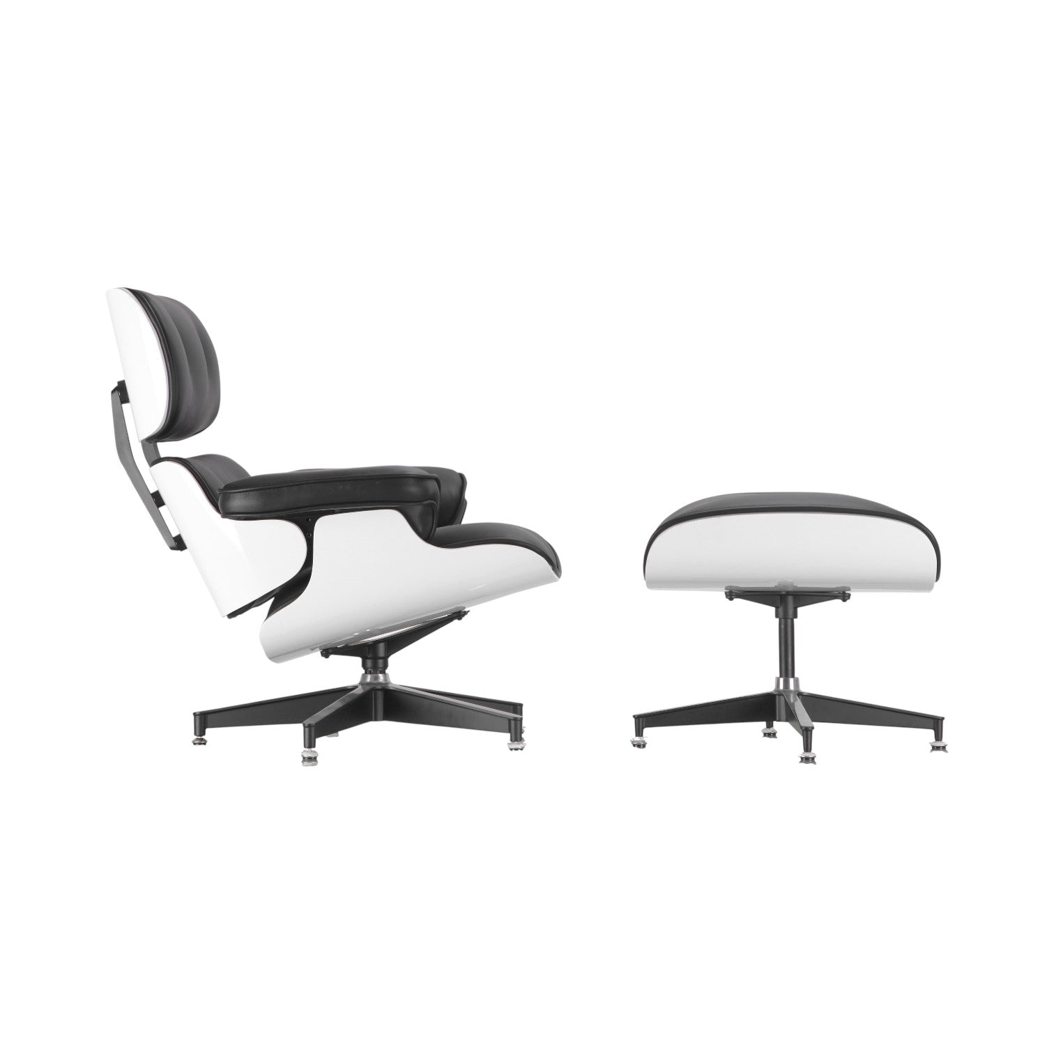 Xiaoyaozuo office chair: white molded shell lounge chair with black leather upholstery and swivel base, includes matching ottoman.