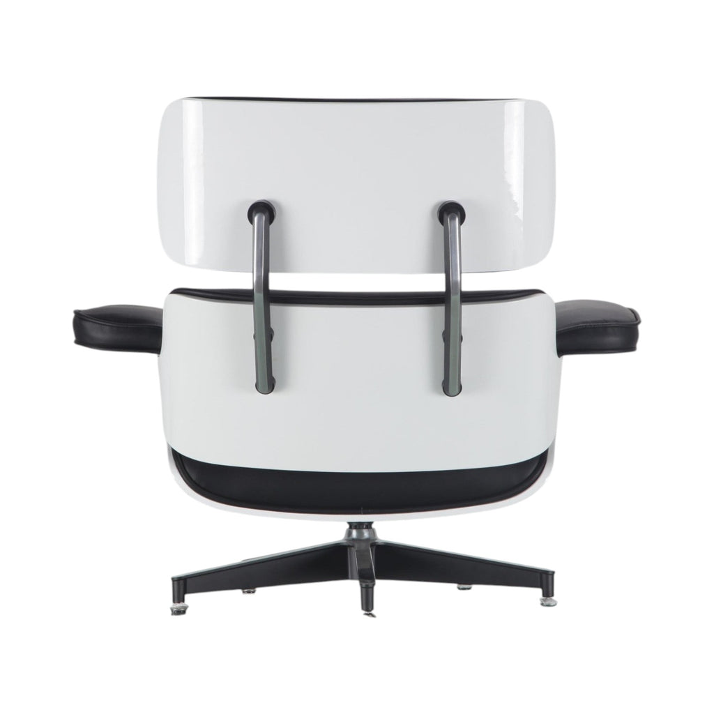 Xiaoyaozuo office chair: white molded shell lounge chair with black leather upholstery and swivel base.