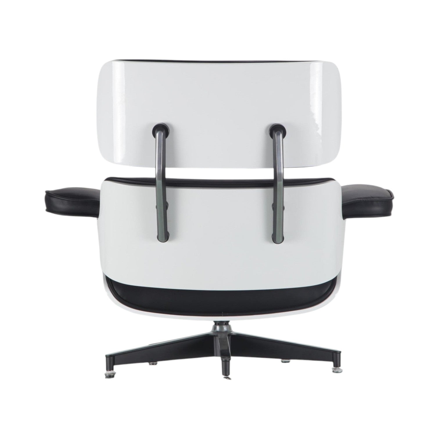 Xiaoyaozuo office chair: white molded shell lounge chair with black leather upholstery and swivel base.