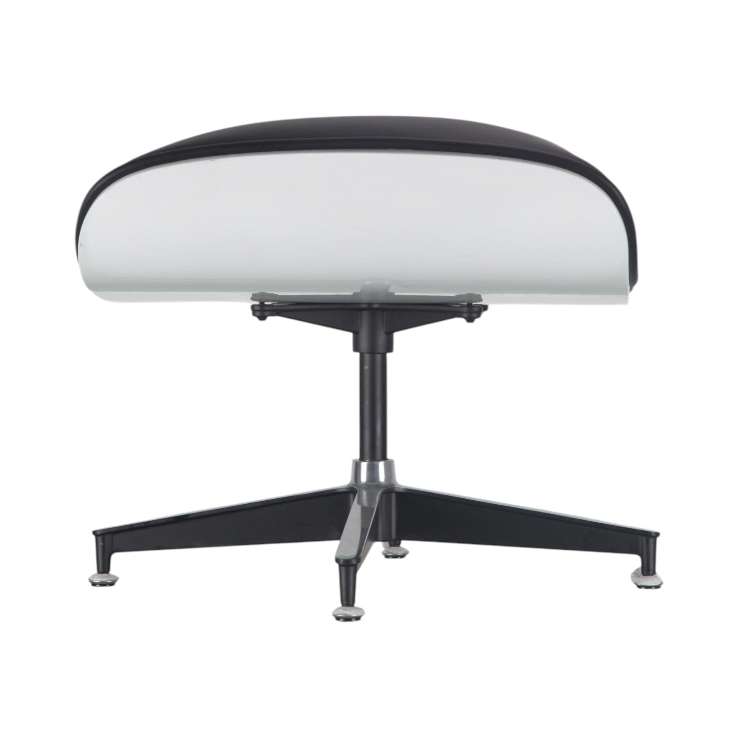 Xiaoyaozuo office chair: White molded shell lounge chair with black leather upholstery and swivel base.