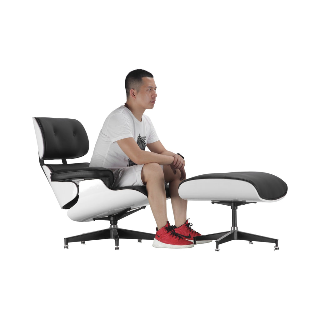 Xiaoyaozuo office chair: Modern white shell lounge chair with black leather upholstery and swivel base, shown with matching ottoman.