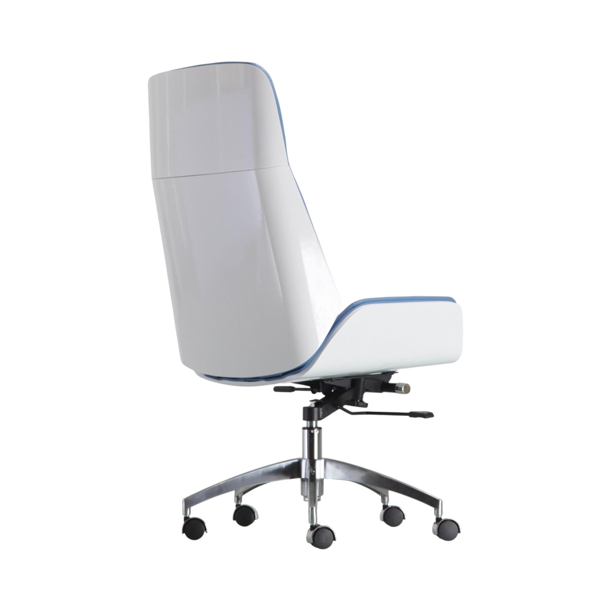 Xiaoyaozuo office chair: Modern white faux leather executive chair with blue trim and high back support.