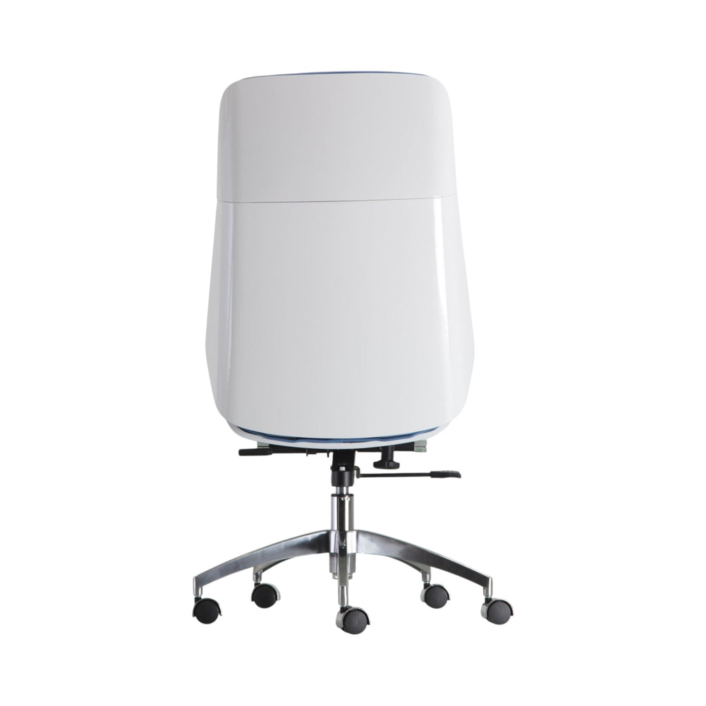 Xiaoyaozuo office chair executive chair in white faux leather with blue trim and high back support.