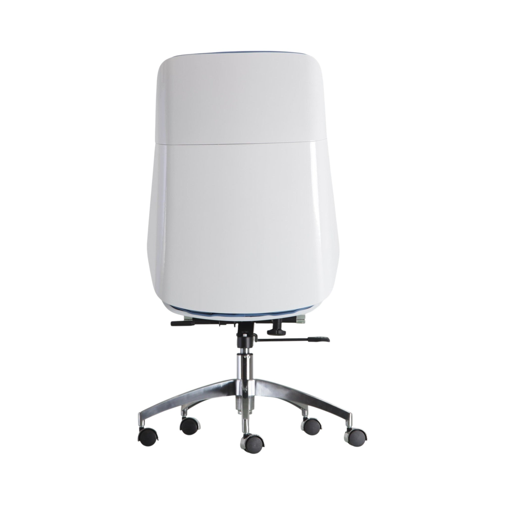 Xiaoyaozuo office chair executive chair in white faux leather with blue trim and high back support.