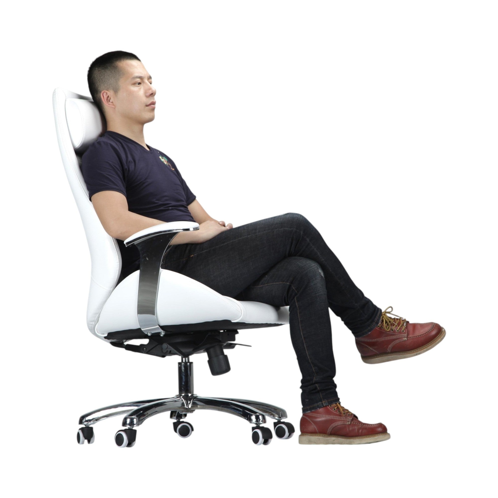 Xiaoyaozuo office chair: white ergonomic executive chair with faux leather and mesh, high back, headrest, adjustable arms, and casters.