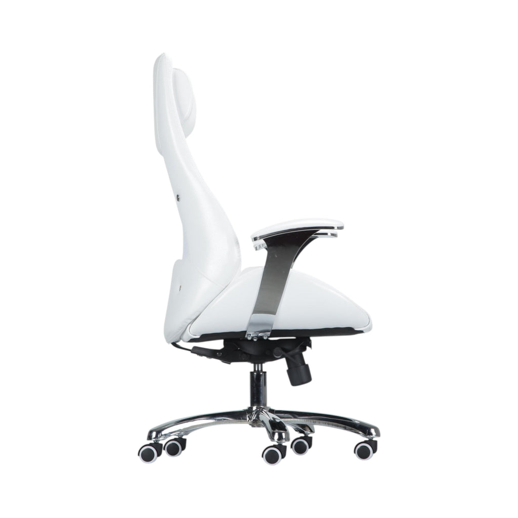 Xiaoyaozuo office chair: white ergonomic executive chair with faux leather and mesh, high back, padded headrest, adjustable arms, and casters.