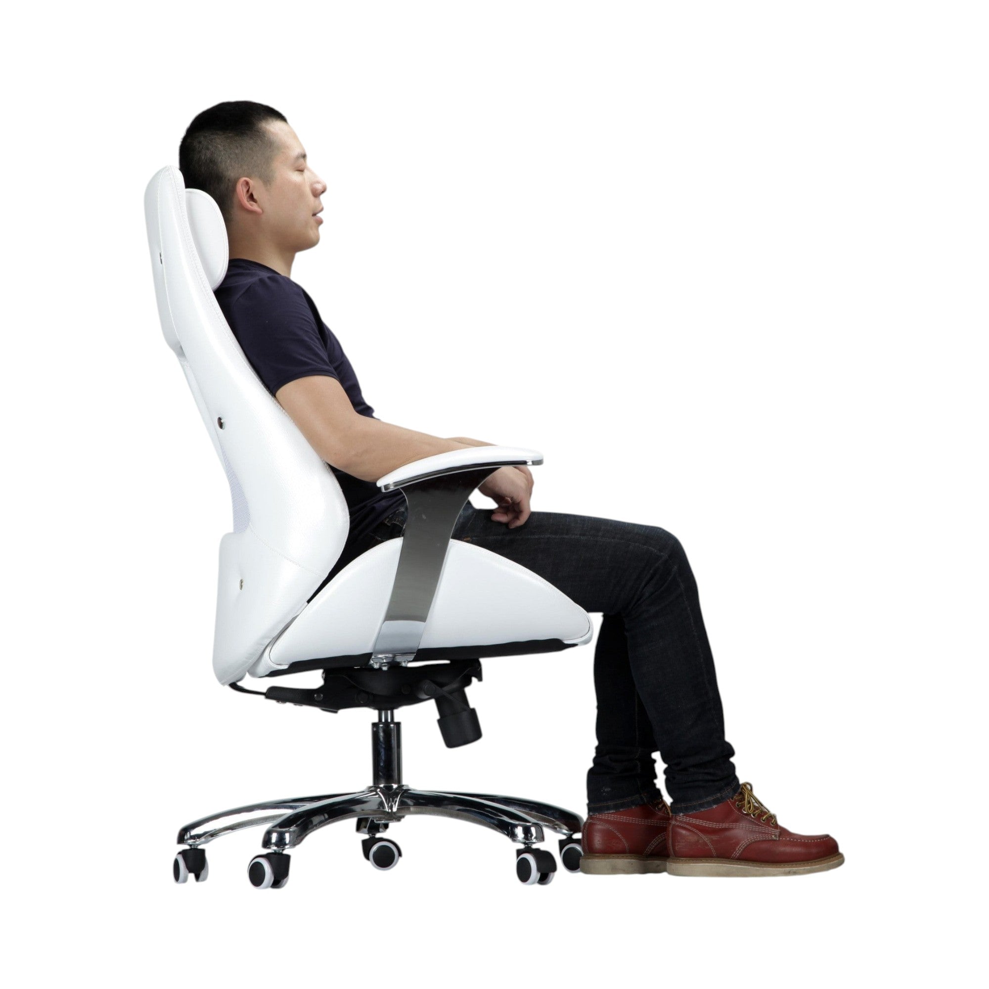 Xiaoyaozuo office chair: White ergonomic mesh back executive chair with faux leather, adjustable armrests, and headrest.