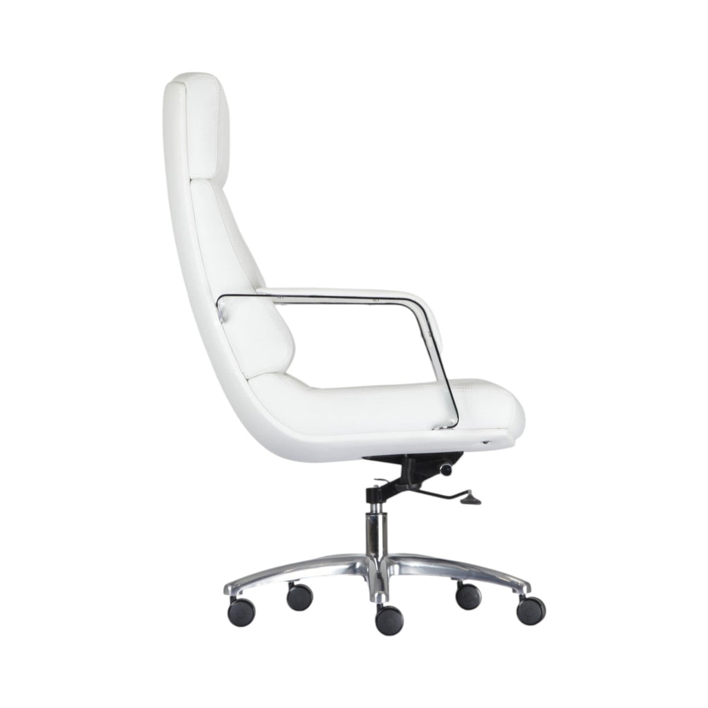 Xiaoyaozuo office chair executive high back chair in white faux leather with chrome accents and casters.