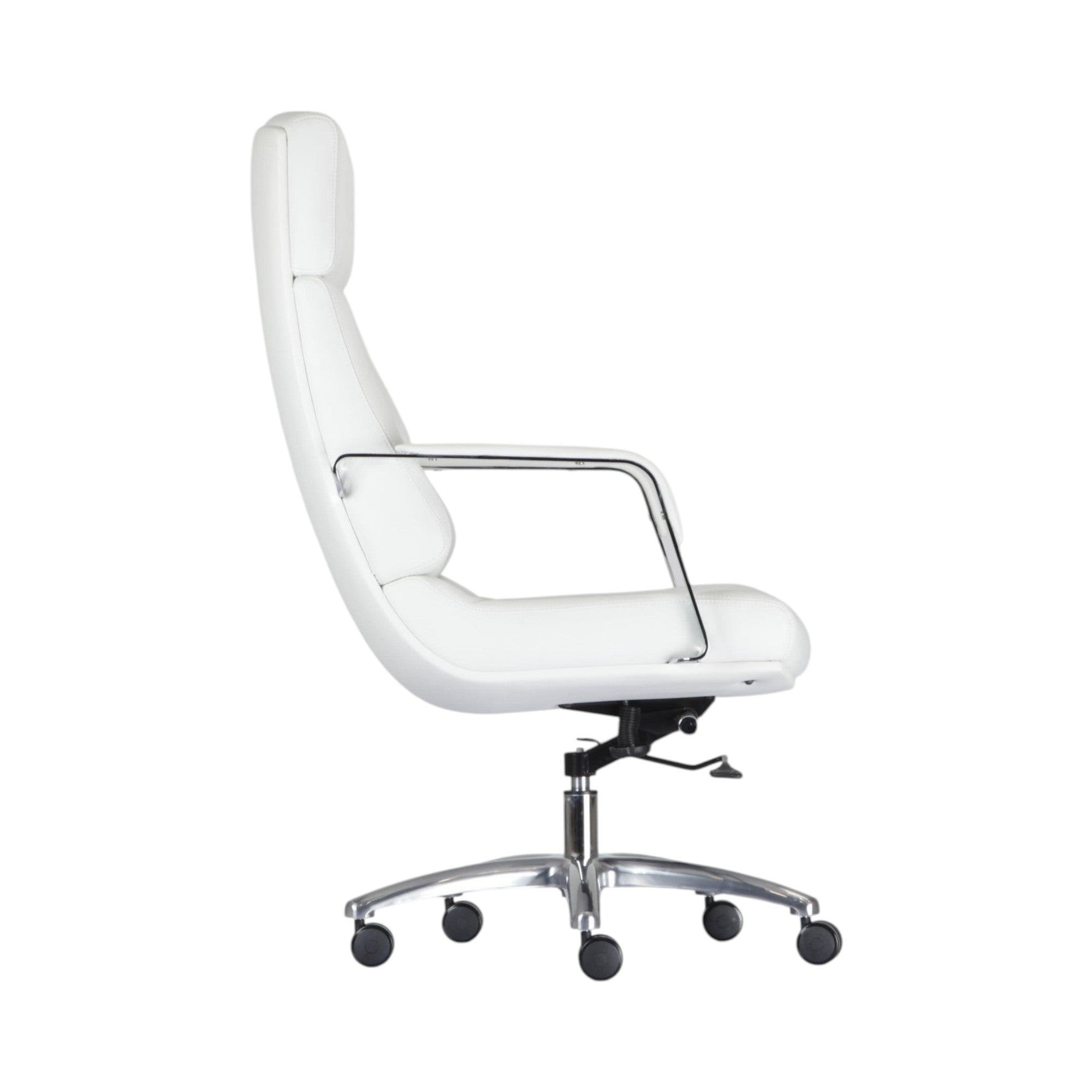Xiaoyaozuo office chair executive high back chair in white faux leather with chrome accents and casters.
