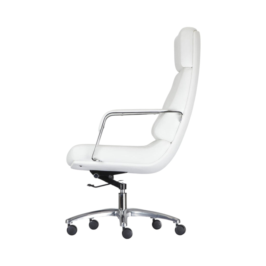 Xiaoyaozuo office chair executive high back chair in white faux leather with chrome accents and casters.