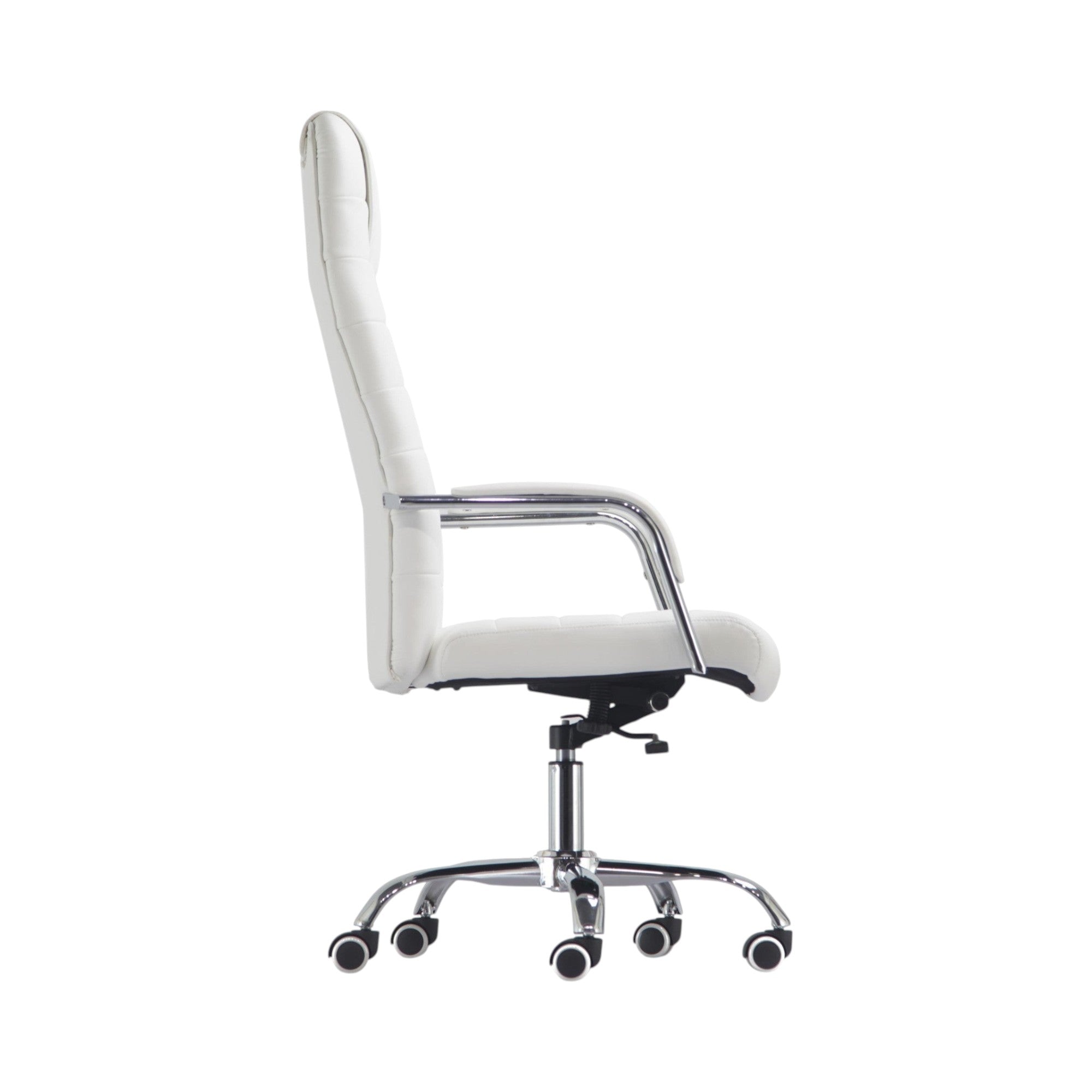 Xiaoyaozuo office chair: White faux leather executive high back office chair with chrome armrests and base, on casters.