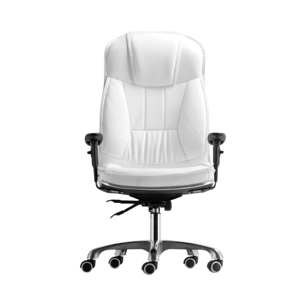 Xiaoyaozuo office chair white faux leather executive high back chair with contrast stitching and chrome base.
