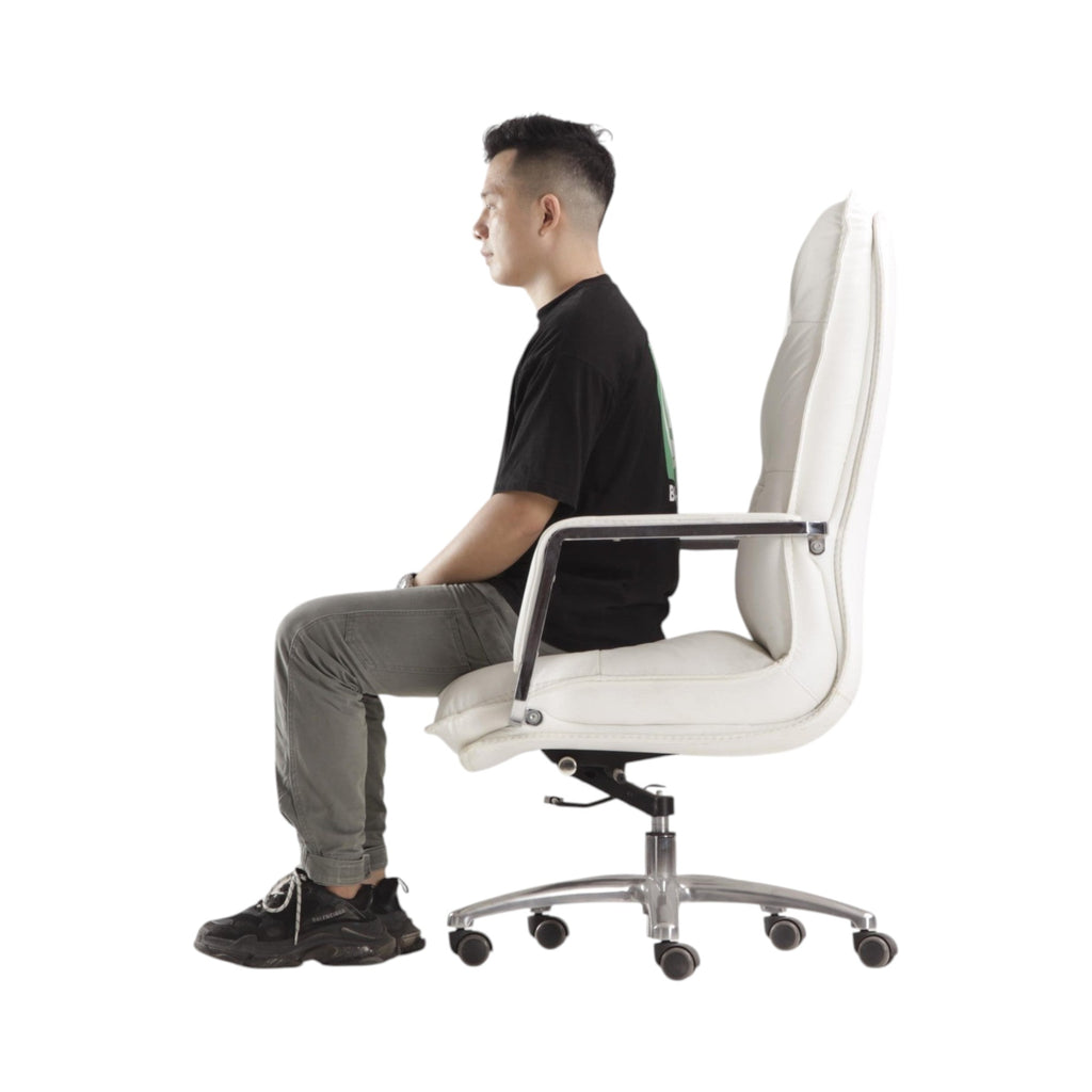 Xiaoyaozuo office chair executive high back chair in white faux leather with chrome accents and aluminum base.
