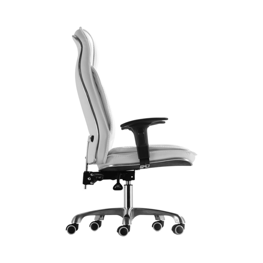 Xiaoyaozuo office chair executive high back chair in white faux leather with chrome base and casters.