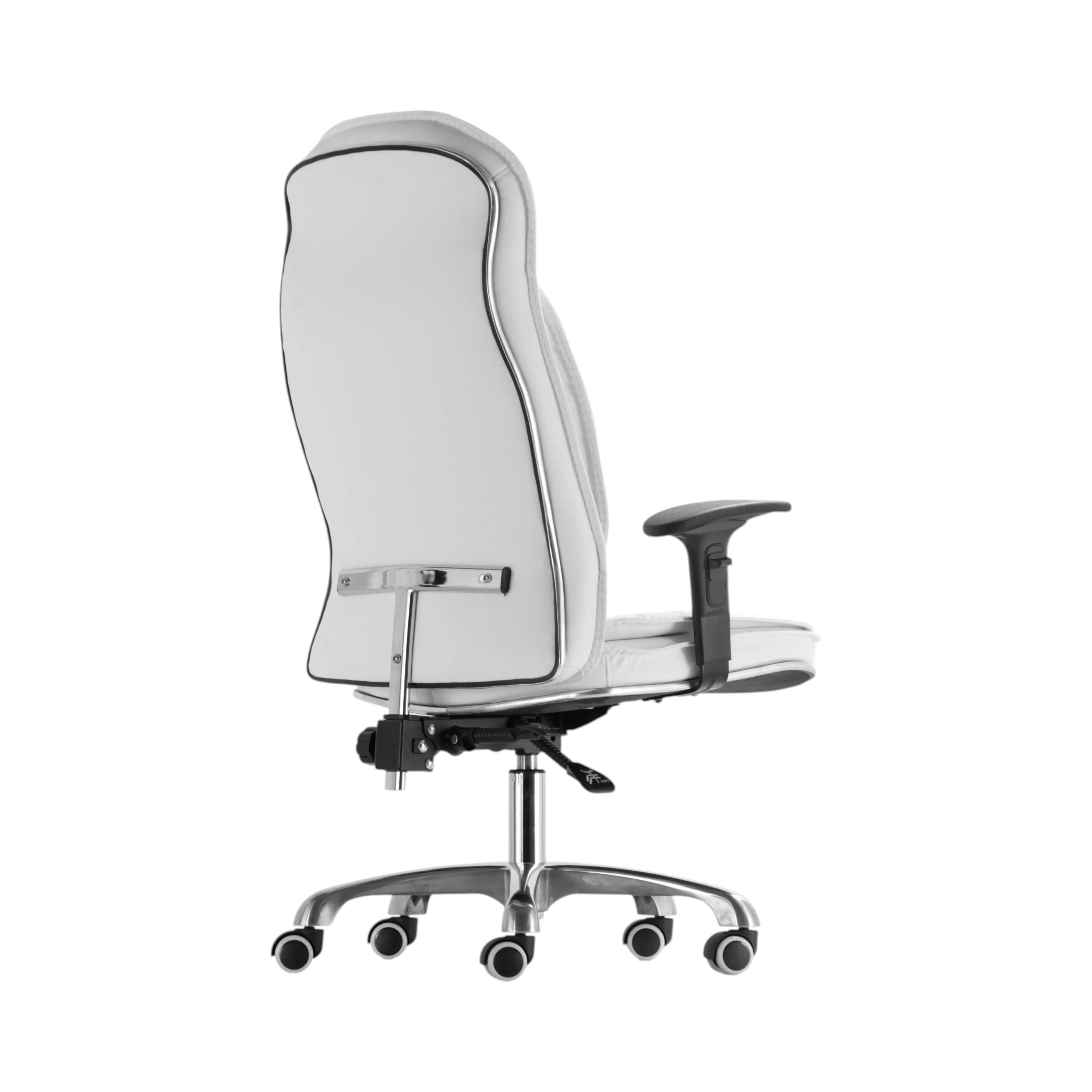 Xiaoyaozuo office chair executive high back chair in white faux leather with chrome base and casters, featuring contrast stitching.
