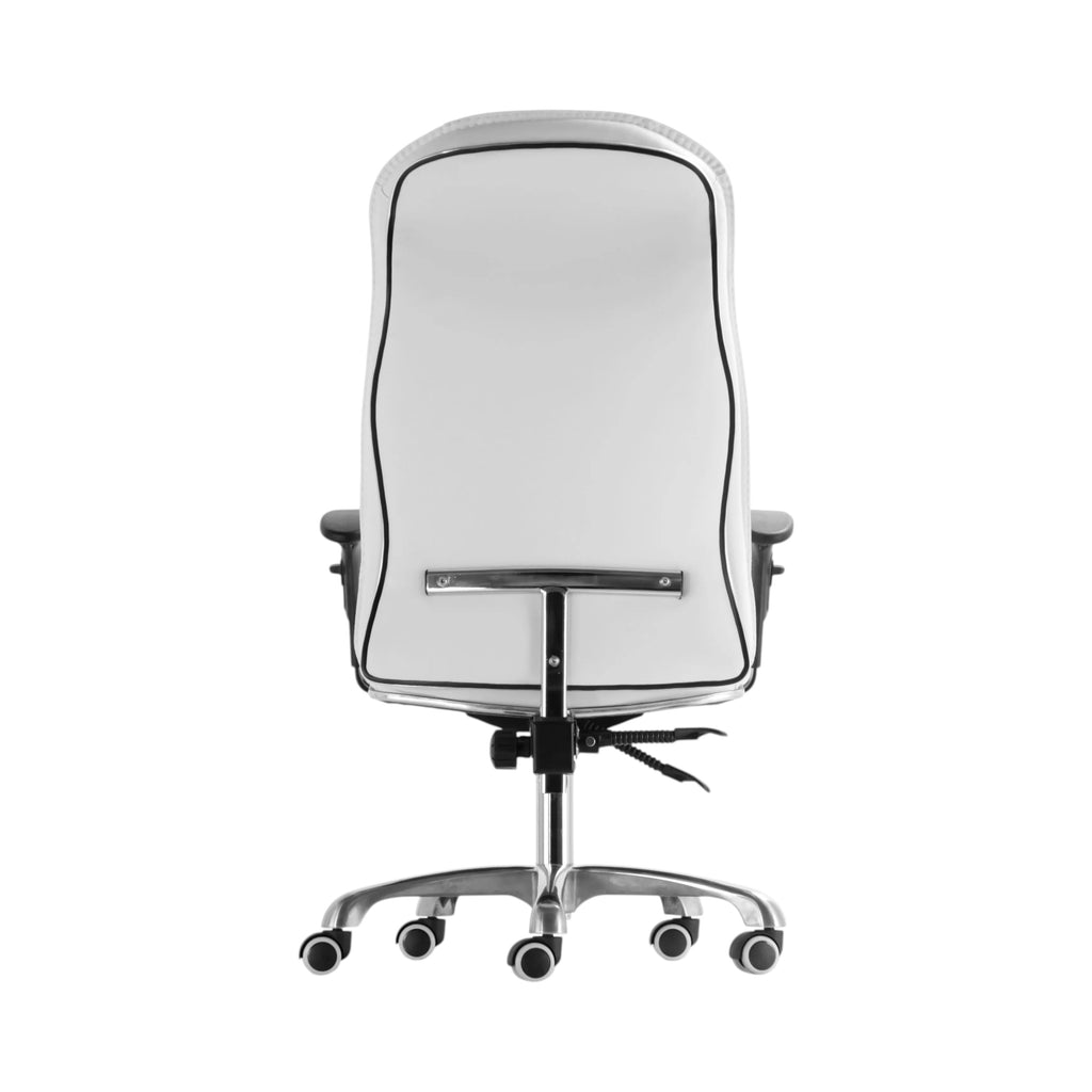 Xiaoyaozuo office chair executive high back chair in white faux leather with black trim and chrome base with casters.