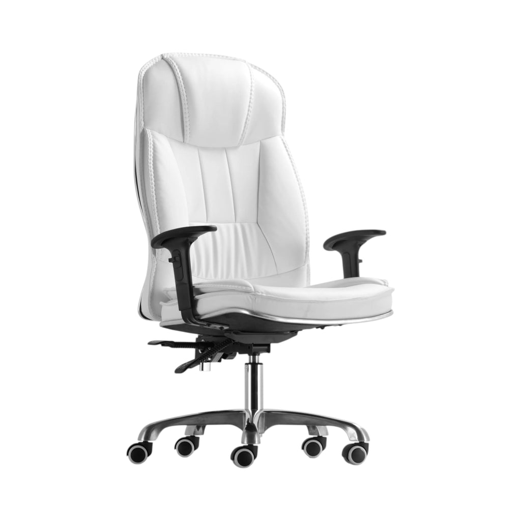 Xiaoyaozuo office chair white faux leather executive high back chair with contrast stitching and chrome base.