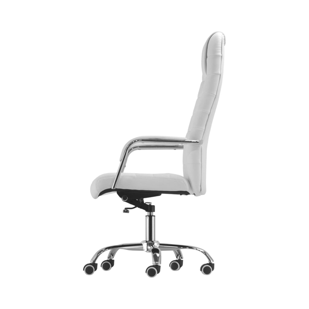 Xiaoyaozuo office chair executive high back chair in white faux leather with chrome accents and caster base.