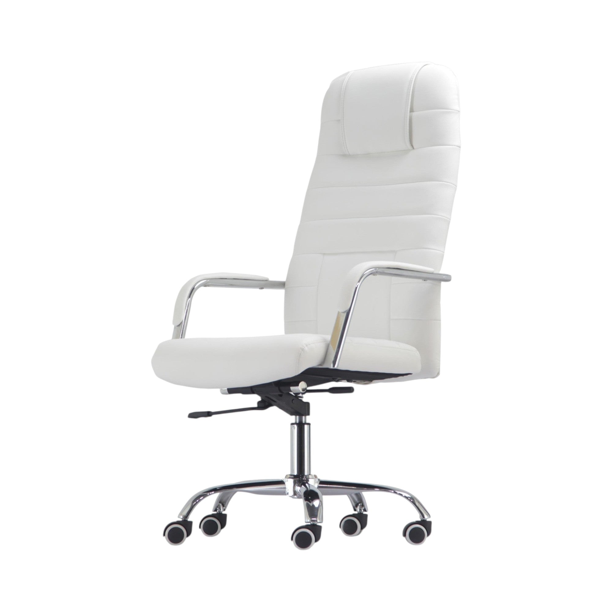 Xiaoyaozuo office chair executive high back chair in white faux leather with chrome accents and caster base.