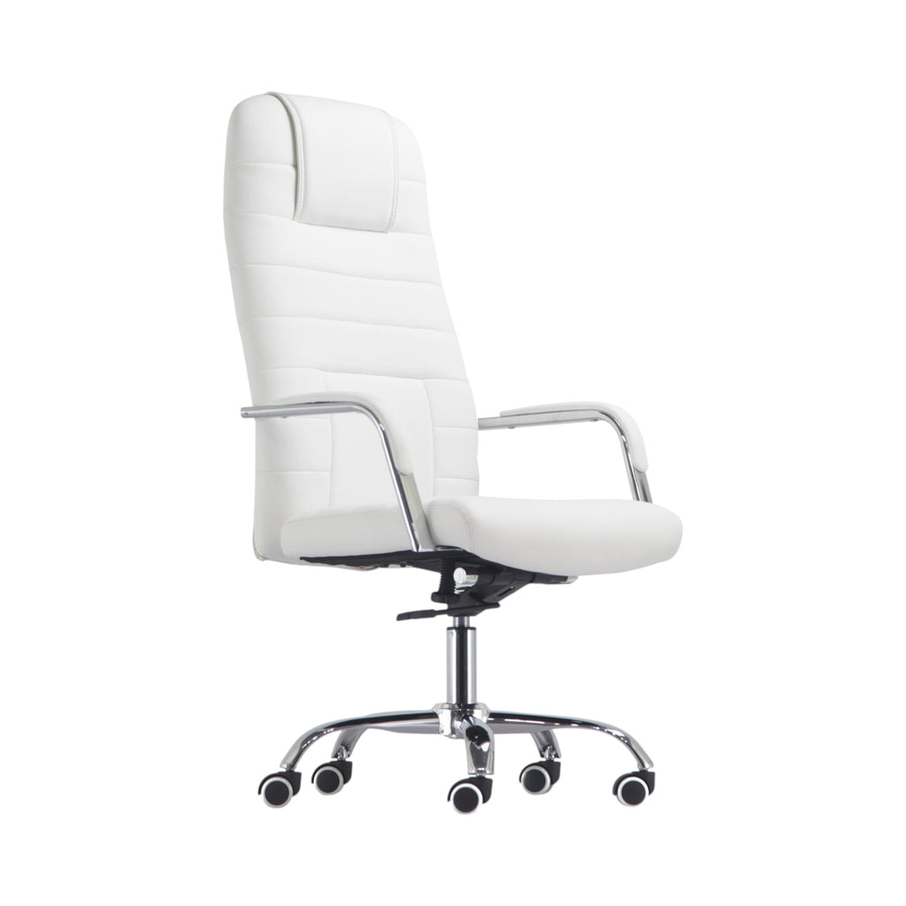 Xiaoyaozuo office chair executive high back chair in white faux leather with chrome accents and casters.
