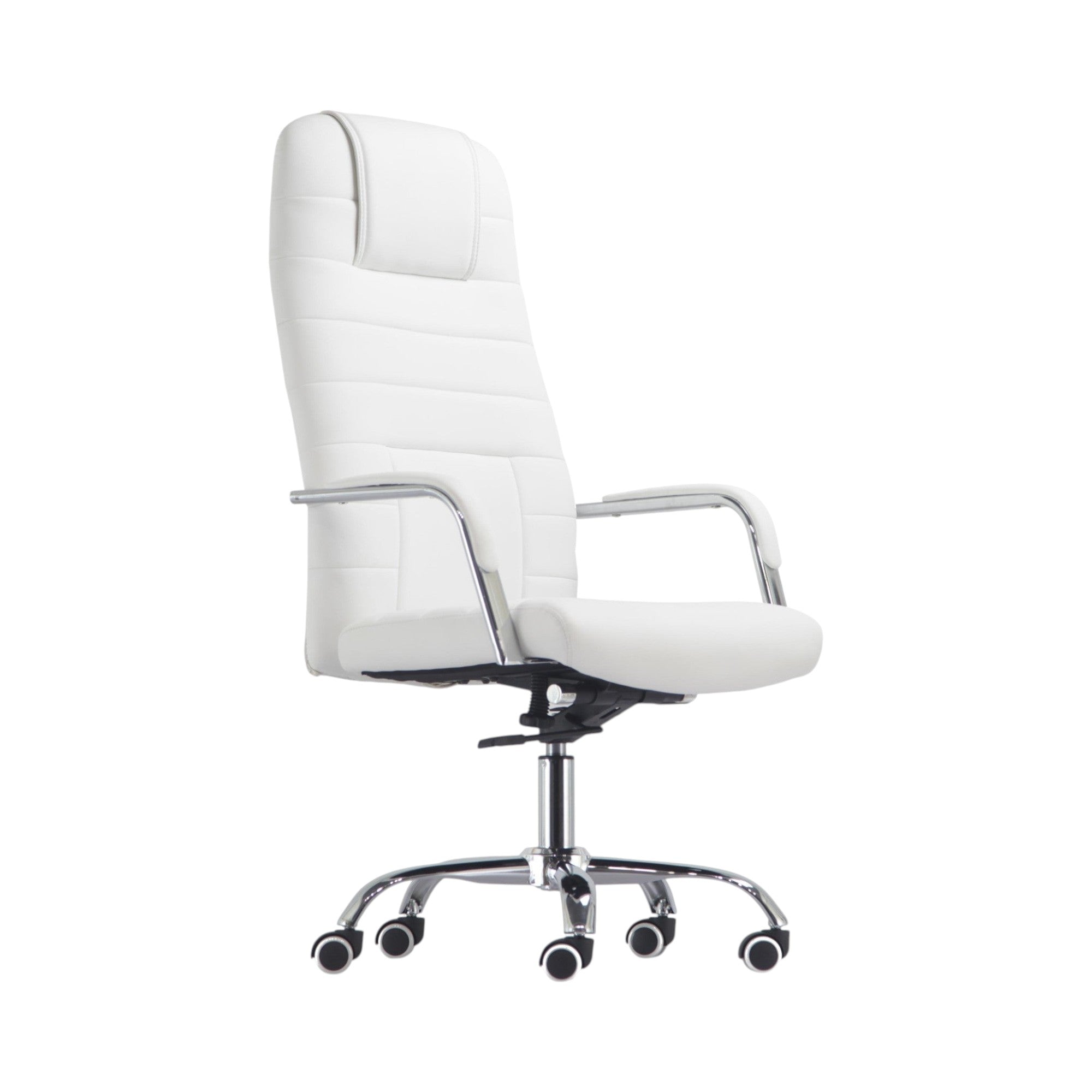 Xiaoyaozuo office chair executive high back chair in white faux leather with chrome accents and casters.