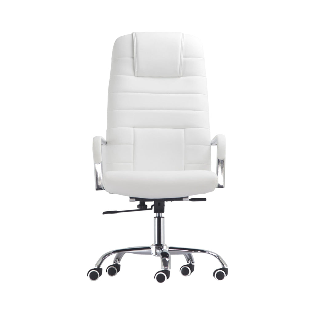 Xiaoyaozuo office chair executive high back white faux leather chair with chrome accents and headrest.