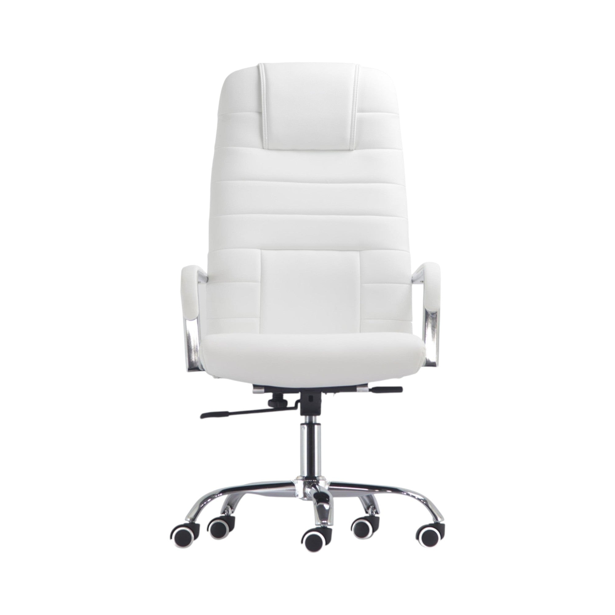 Xiaoyaozuo office chair executive high back white faux leather chair with chrome accents and headrest.