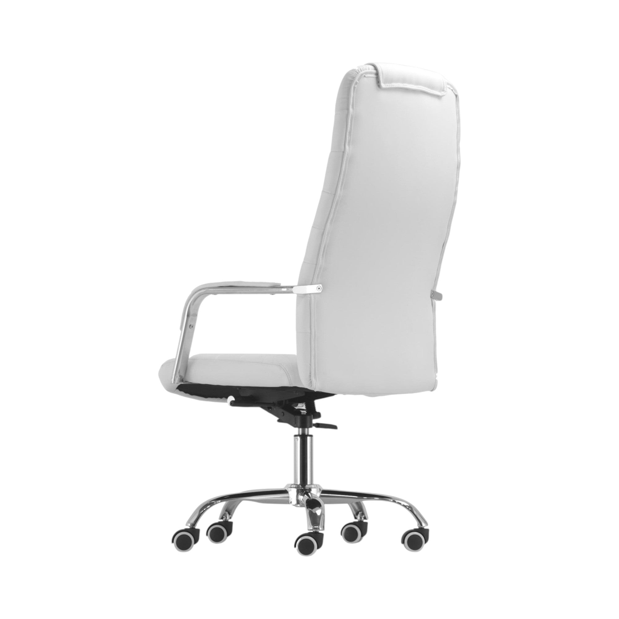 Xiaoyaozuo office chair executive high back white faux leather chair with chrome accents and caster base.