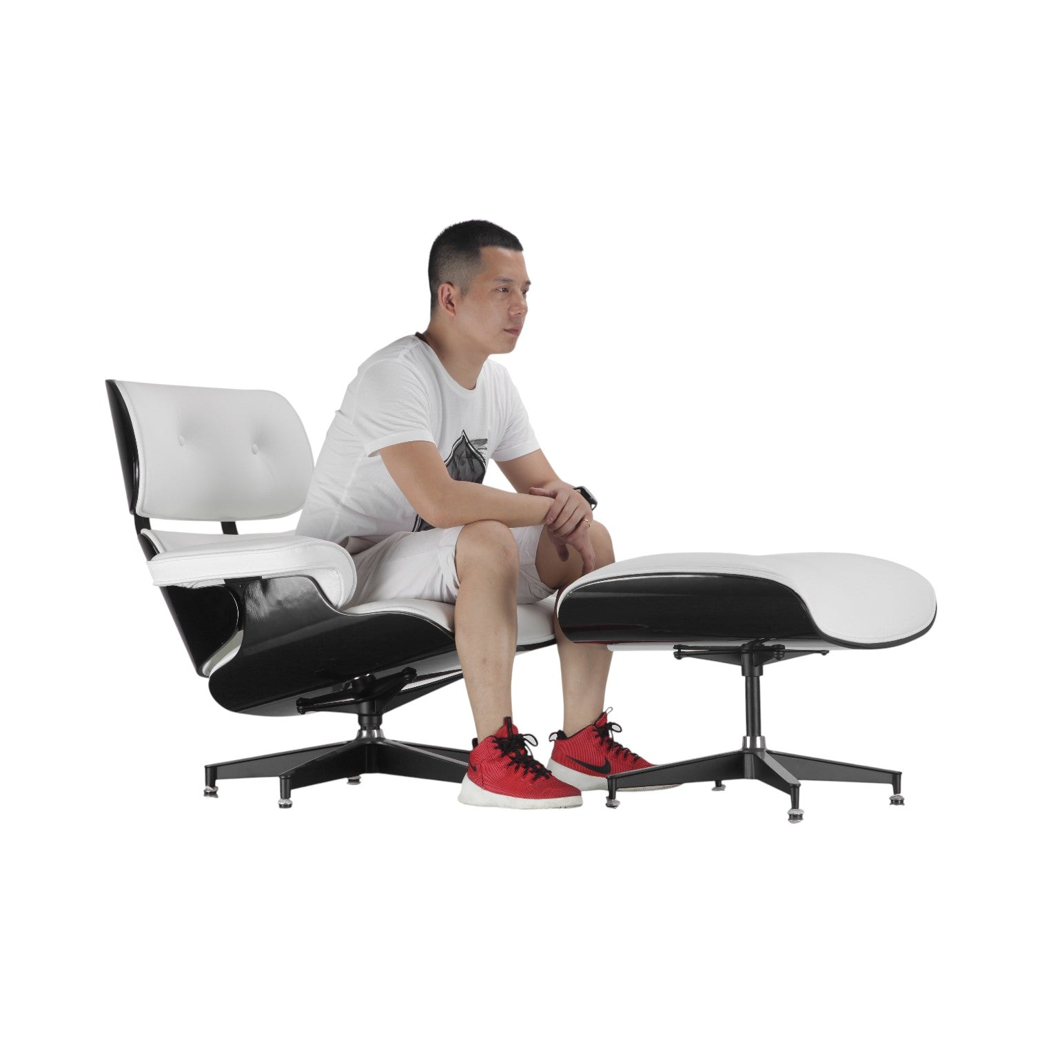 Xiaoyaozuo office chair modern white leather ottoman with black base and adjustable feet, complements lounge chair.