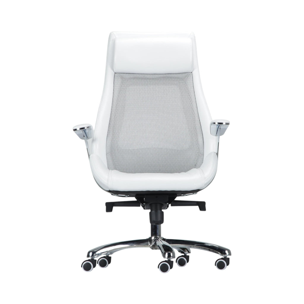 Xiaoyaozuo office chair: White ergonomic executive chair with faux leather trim and breathable mesh back, padded headrest, and adjustable arms.