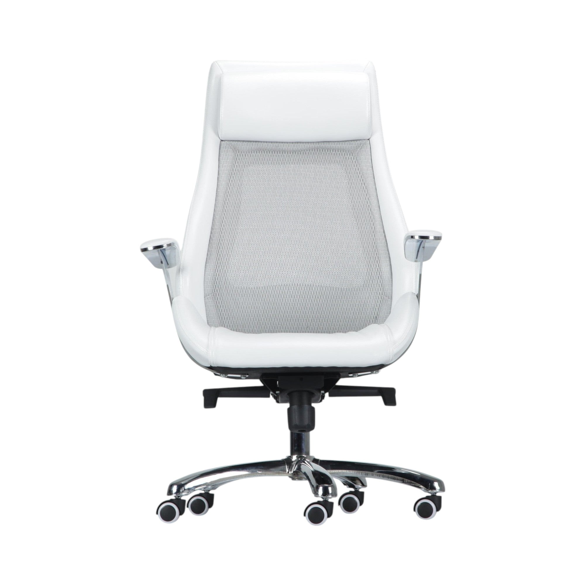 Xiaoyaozuo office chair: White ergonomic executive chair with faux leather trim and breathable mesh back, padded headrest, and adjustable arms.