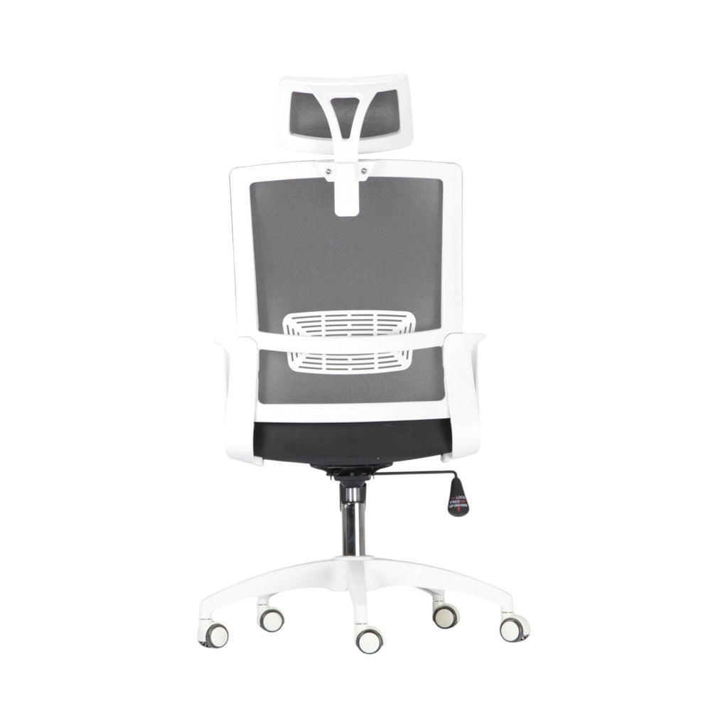 Xiaoyaozuo office chair: White ergonomic mesh office chair with adjustable headrest and lumbar support, on wheels.