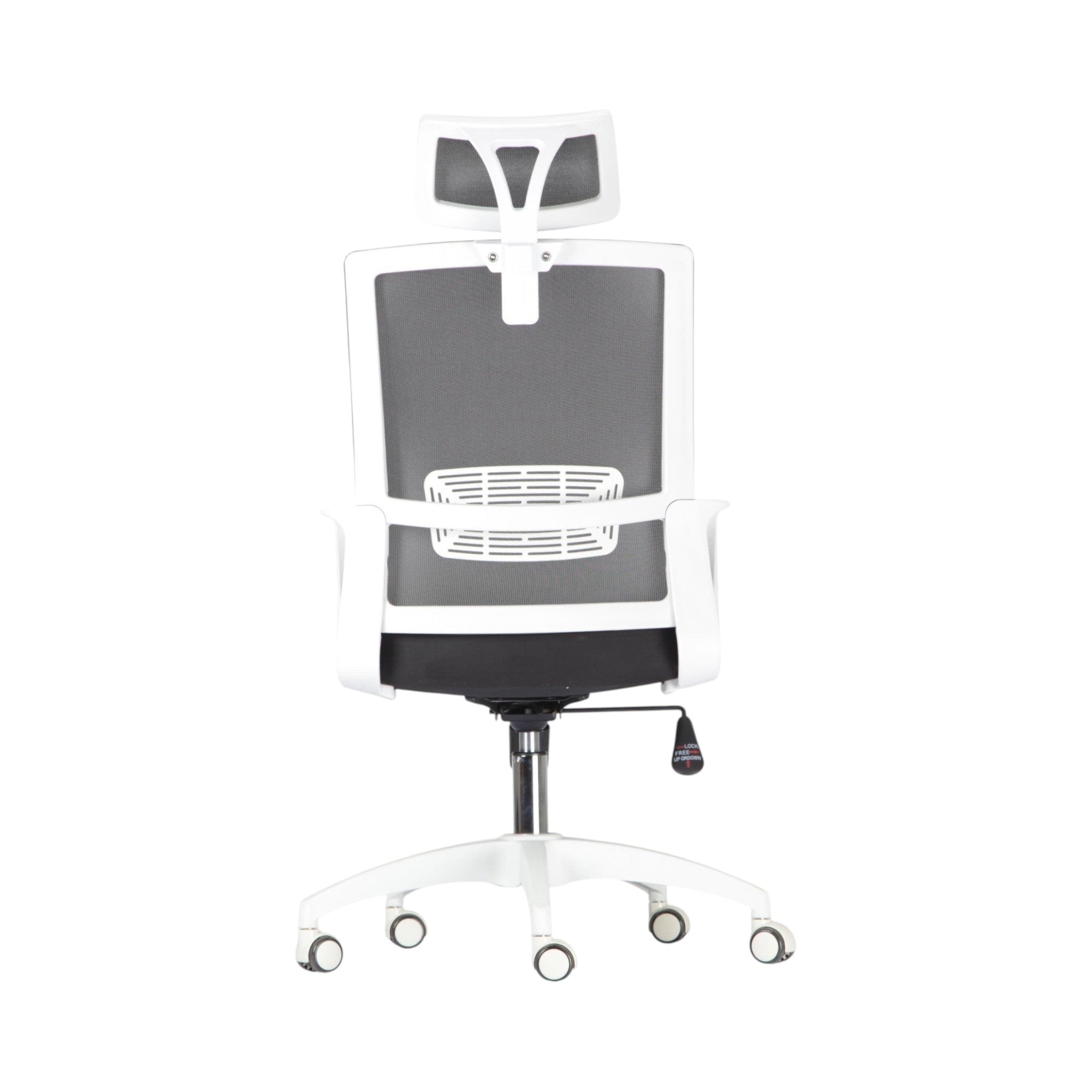 Xiaoyaozuo office chair: White ergonomic mesh office chair with adjustable headrest and lumbar support, on wheels.