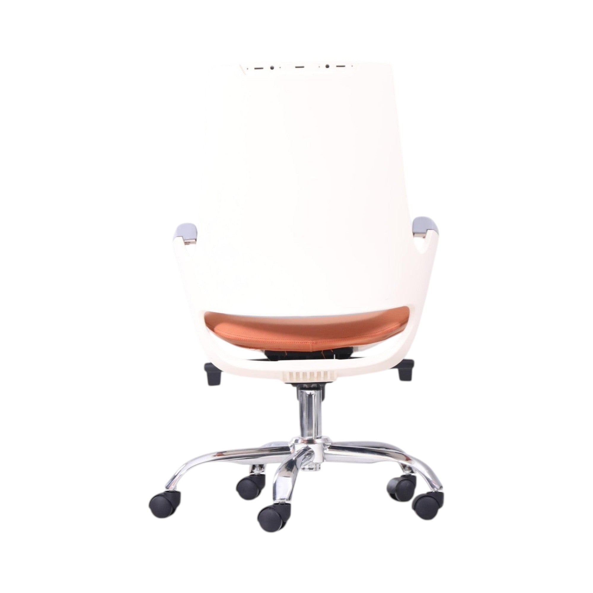 Xiaoyaozuo office chair: Ergonomic white swivel chair with orange seat and chrome base with casters.