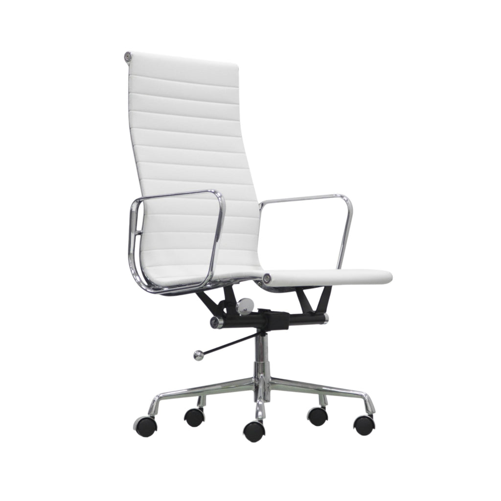 Xiaoyaozuo office chair: White faux leather executive chair with ribbed high back, polished chrome frame, and armrests. Adjustable height and casters.