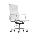 Xiaoyaozuo office chair: White faux leather executive chair with ribbed high back, polished chrome frame, and armrests. Adjustable height and casters.