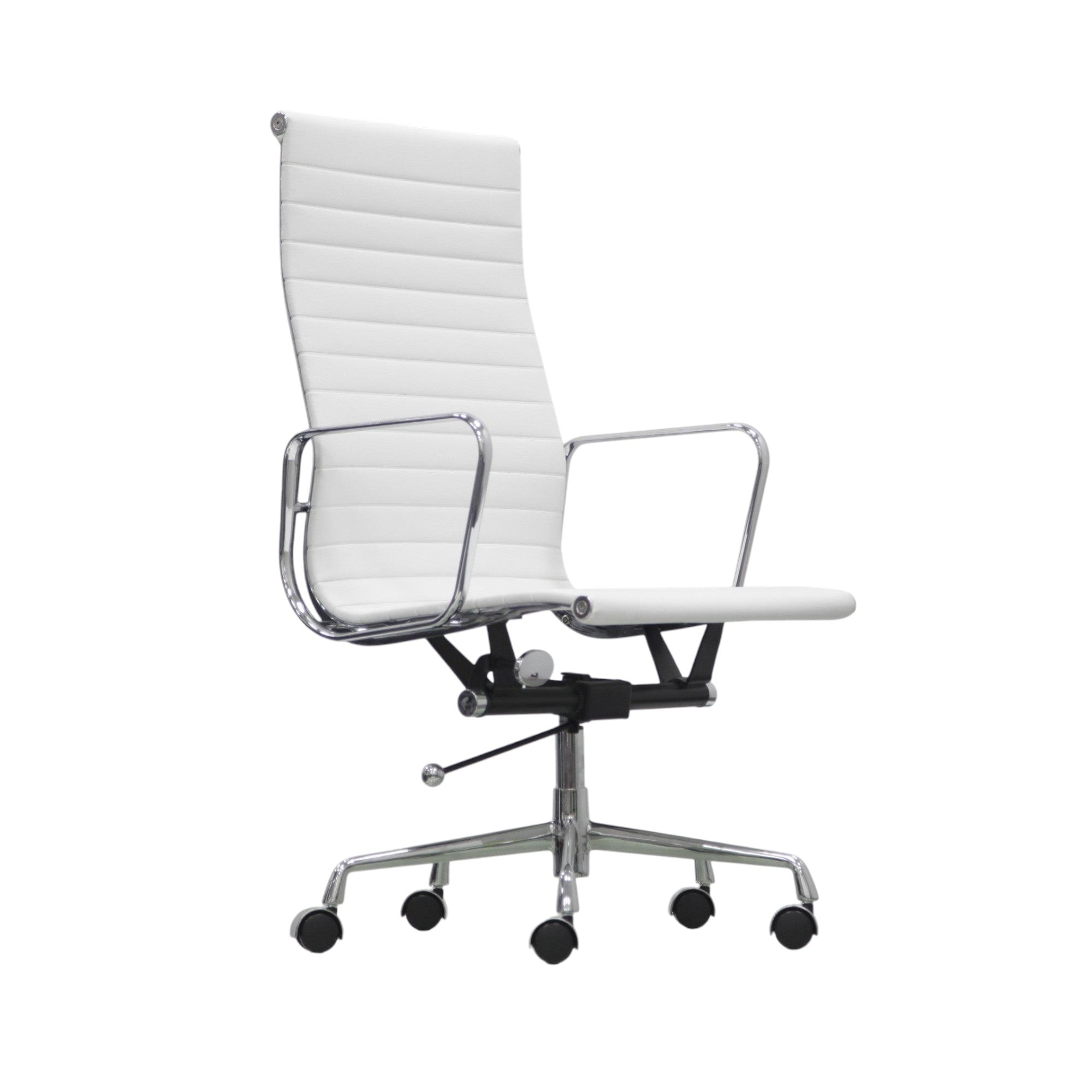 Xiaoyaozuo office chair: White faux leather executive chair with ribbed high back, polished chrome frame, and armrests. Adjustable height and casters.