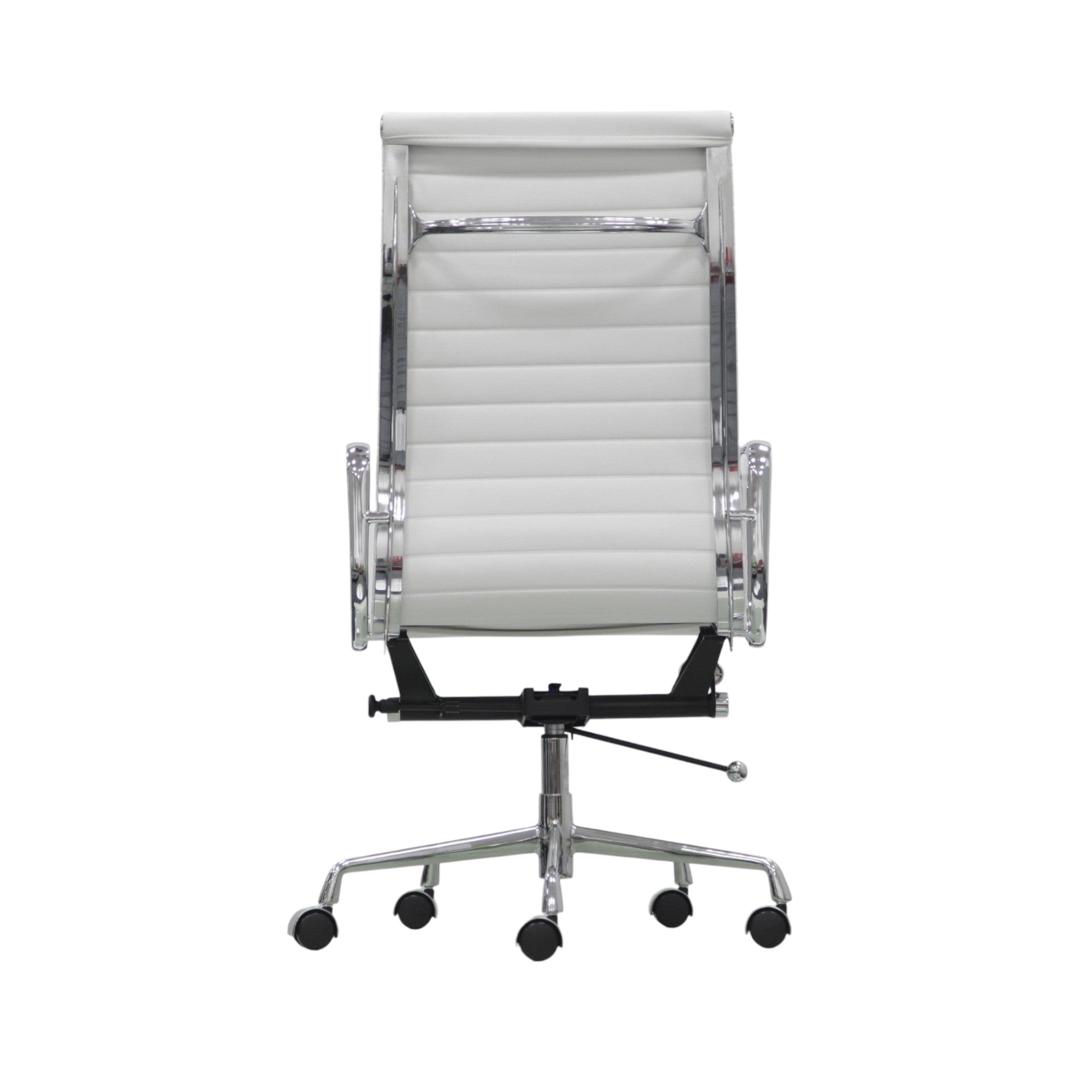 Xiaoyaozuo office chair: White faux leather executive chair with ribbed cushioning and polished chrome frame, high back, adjustable height, and casters.