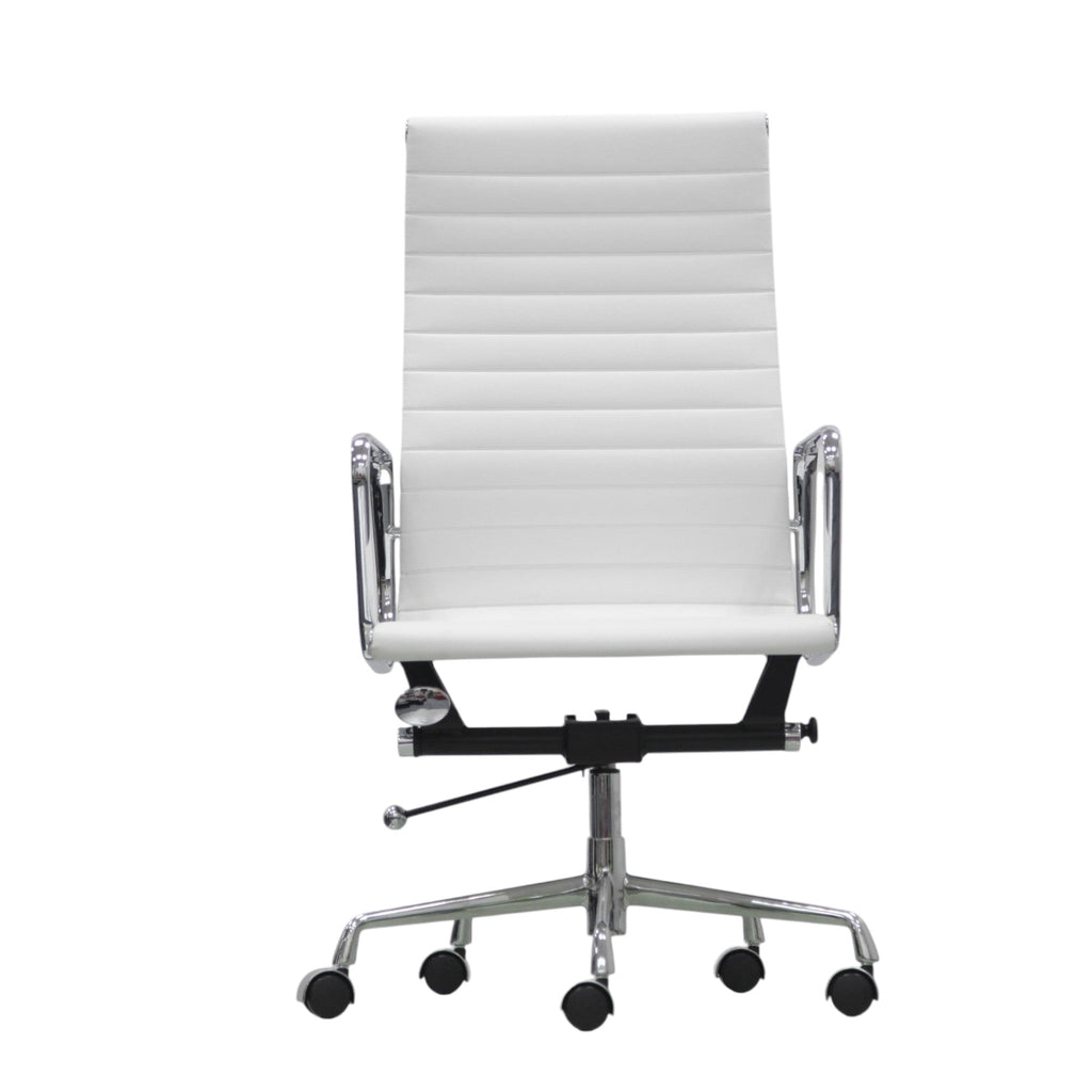 Xiaoyaozuo office chair: White faux leather executive chair with ribbed cushioning and polished chrome frame. High back design for support.