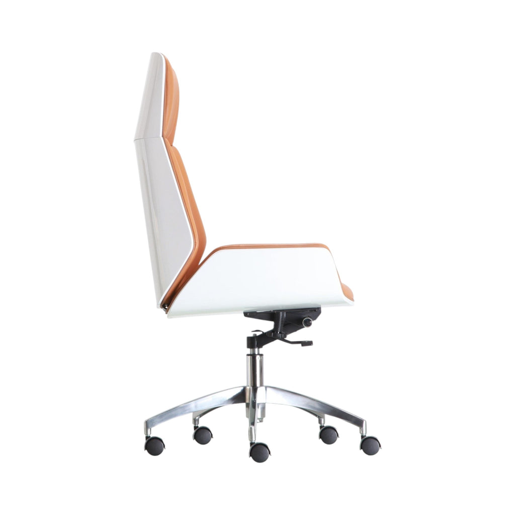 Xiaoyaozuo office chair: executive high back chair with white shell and tan leather upholstery, ergonomic design, adjustable height, and casters.
